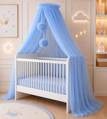 Cortina de cama azul con pompones