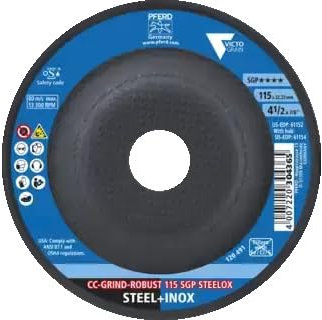 PFERD - Disco de desbaste CC-GRIND ROBUST 115x22,23 mm, línea especial SGP STEELOX para acero/acero inoxidable. - Lote de 5 discos.