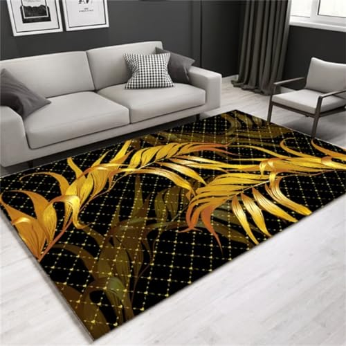 RUGMRZ Teppich Flach Wohnzimmer Teppichs Schwarzer gelbe Blätter Dekoration weich bequem pflegeleicht Waschbare Teppiche 140X200CM
