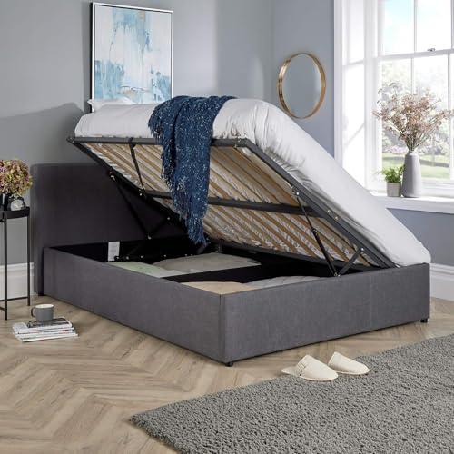 Home Source Small Double 4ft Side Gas Lift Fabric Ottoman Storage Bed, Grey