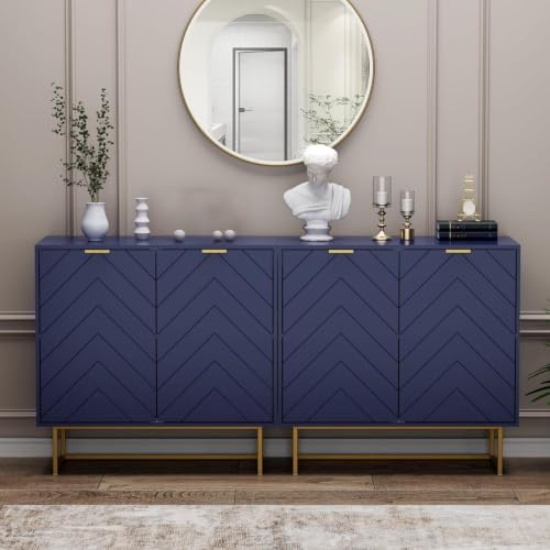 UEV Küchenschrank 2er Set,Sideboard Holz mit 4 Türen Buffetschrank verstellbare Ablagen, Anrichte, Mehrzweckschrank Kommode blau für Küche Wohnzimmer Flur Schlafzimmer 160x40x77,5cm