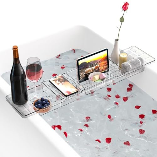 Bandeja para Bañera con Velas, Copas de Vino, Libros, Tablets, iPad y Soporte para teléfono. Bandeja de Bañera Extensible, Bandeja para Bañera, Bandeja de Baño, Accesorios de Baño Transparente