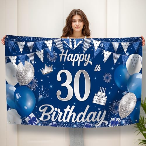 Koliphy 30. Geburtstag Banner, 30 Geburtstagsbanner Deko für Männer & Frauen, Handgehalten Stoff 30. Geburtstagsdeko Party Dekoration für Drinnen und Draußen(Blau Silber)