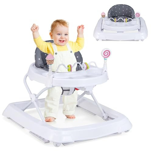 COSTWAY Läraningshjälp för bebis, vikbar, gå-vagn, justerbar i 3 steg, höjd med hjul, lekdragning, avtagbar sittkudde, baby, walker, promenadfri, baby för barn från 6–36 månader (grå)