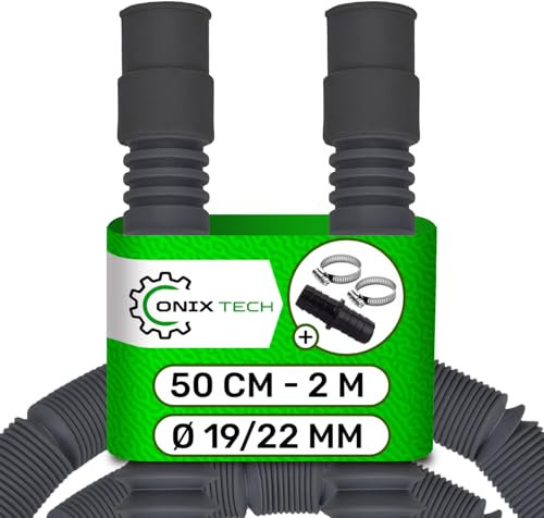 Universal Tubo Desague Lavadora y Lavavajilla De 60 cm a 2 m Ø 19/22 mm y Racores para Manguera de Desagüe con 2 Abrazaderas Metalicas para Tubos Ø20/32 mm - Garantía de 5 Años - ONIX TECH