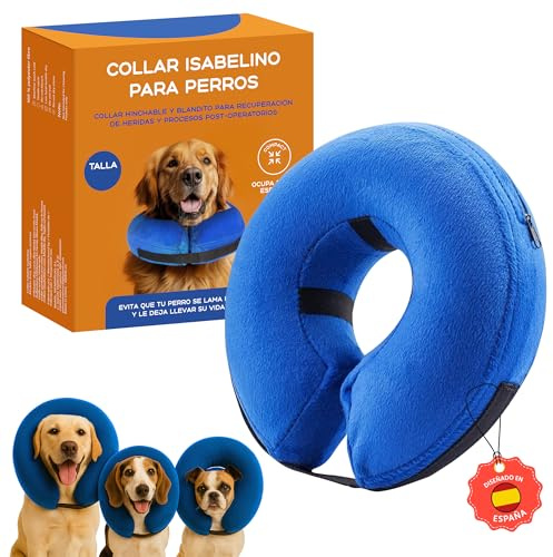 Collare Elisabettiano Cane Morbido (Taglia M+, Collo 34-39 cm), Collare Gonfiabile Blu, Post Operatorio e Anti Leccamento, Ciambella Cane Post Intervento per Recupero da Ferite e Operazioni (Blu M+)