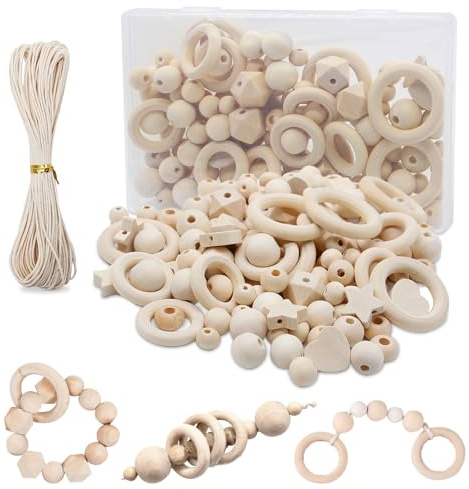 Druuzyl Holzperlen Set 126 Stück zum Auffädeln Natur Holzperlen Makramee Set Holzkugeln mit Loch und Holzringe zum Basteln DIY Makramee Runde Holz Perlen für Schmuck Zubehör