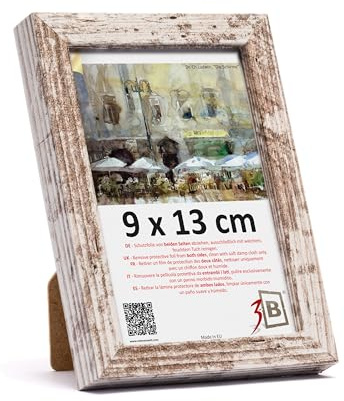 3-B Bilderrahmen MEGA - Vintage-Weiß (Rustical mit sichtbarer Holzmaserung) - 9x13 cm - Holzrahmen, Fotorahmen, Portraitrahmen mit Acrylglas