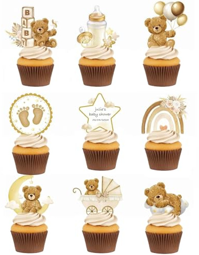 18 Stück Cupcake Topper Babyparty Braun Baby Shower Kuchen Cake Dekoration Taufe Papier Gender Reveal Party Zubehör Kommunion Tortendeko Kuchendekoraion Muffin Deko (Braun)