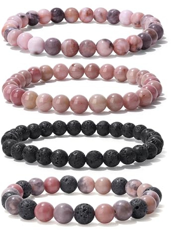 Sahoottie 4 Stück Edelstein Armband Damen 6/8mm Perlenarmband Damen Edelsteine Heilsteine Armband Elastisch Anti Stress Perlen Armbander Naturstein Schmuck