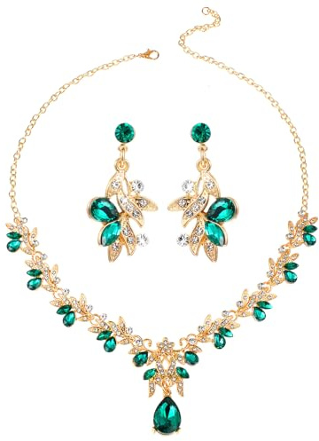 Telooco Conjuntos de joyas de boda para mujer, conjuntos de joyas verdes con diamantes de imitación para mujer, lujosas damas de honor, collares de novia, aretes, accesorios elegantes para vestidos de