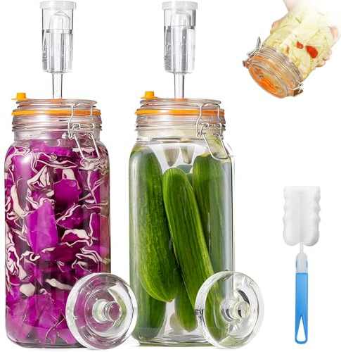 Kit de 2 Bocaux de Fermentation 2L avec Poids en Verre - Pot de Fermentation pour Choucroute, Kimchi, Kombucha, Cornichons et Plus, avec Brosse de Nettoyage