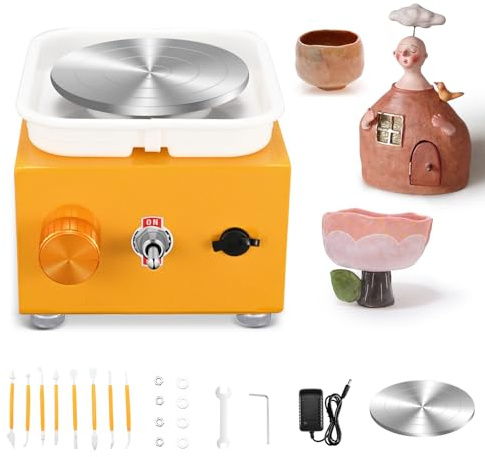 Töpferscheibe Elektrisch, Mini Electric Pottery Wheel 2000 U/min Einstellbare Geschwindigkeit mit Abnehmbarem ABS-Becken und 6,5/10 cm Drehteller, Töpferscheibe mit Tonformwerkzeug Geliefert