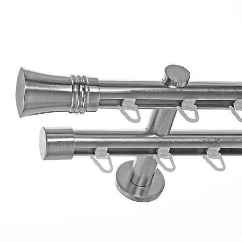 BASIT Gardinenstange Innenlauf Edelstahllook 20mm 2-läufig Wand 240cm H40 | Gardinenstangenset doppelläufig Wandmontage Metall Vorhangstange Wandhalterung 120-600cm wählbar Kappe Knauf E86