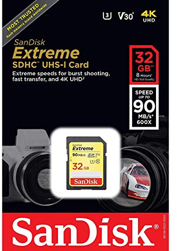 Scheda di Memoria SanDisk Extreme SDHC da 32 GB, fino a 90 MB/sec, Classe 10, U3