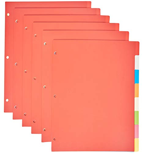 Amazon Basics 8-Tab Plastic Binder Dividers with Multicolor Tab Labels for 3 Ring Binder, Durable, 3-Hole Punched, for School, Office and Home Organization, Letter Size, Assorted Colors, 6-Pack