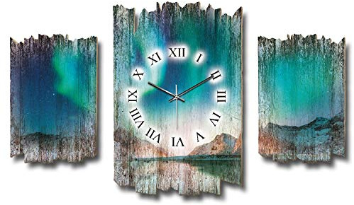 Kreative Feder Dreiteilige Designer-Wanduhr Polarlicht Nordlichter Shabby-Chic Landhaus-Stil leise kein Ticken 95x60cm aus Holz (Nordlichter, leises Funkuhrwerk)