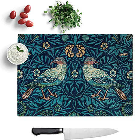 Glass Chopping Board, Flowers and Birds by Morris, 39x28.5 cm | Textured Glass Worktop Saver with Non-slip Feet, Hygienic Cutting and Serving Board for Protecting Kitchen Surfaces