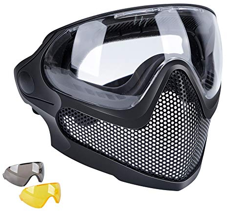 WISEONUS Maschera Tattica per Paintball e Softair CS Wargame BB Guns Protezione Integrale in Maglia d'Acciaio con Occhiali per Casco Veloce