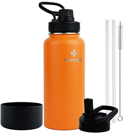 honogo 32 oz Powder Coated Double Wall Vacuum Insulated Sports Water Bottle, 18/8 Stainless Steel Wide Mouth Thermal Flask with Straw Lid & Spout Lid, Leak Proof, Sweat Free, BPA Free (Orange, 32 oz)