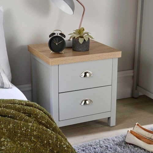 Home Source Bedside Table Nightstand, 2 Drawer, Oak Effect Grey Lamp Side Table