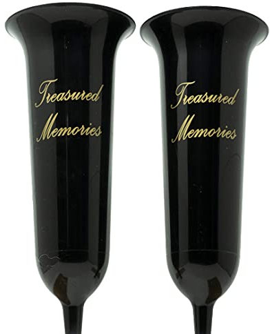 Set of 2 Tall Black and Gold Treasured Memories Fluted Spiked Memorial Vases 31cm
