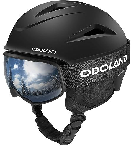 Odoland Snowboard Helmet, Ski Helmet with Ski Goggles for Adults, Durable PC Shell & EPS Foam, Safety Snow Helmets Goggles for Men Women Youth,Black,L