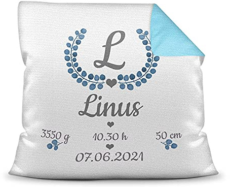 Kissen mit Füllung - mit Geburtsdaten personalisieren - Babygeschenk für Jungen, Geschenk zur Geburt oder Taufe, Geburtskissen, Namenskissen fürs Baby I Farbkissen Rückseite Hellblau, 40x40 cm
