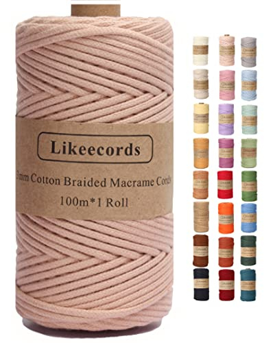 Likeecords Makramee Garn Geflochten 3mm x 100m,100% Natürliches Baumwollschnur Makramee-Schnur, Makramee-Seil, Bunte Bastelkordel aus Baumwolle für Taschen, Wandbehänge (fleischig rosa)