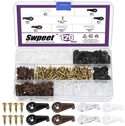 Swpeet Lot de 120 clips de fixation pour verre avec vis assorties - Kit d'assortiment pour armoire, fenêtre, porte, verre et fixation d'écran