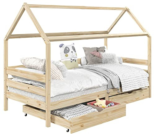 IDIMEX Hausbett CLIA Montessori aus massiver Kiefer, Kinderbett mit Dach, Tipi Bett mit 2 Schubladen
