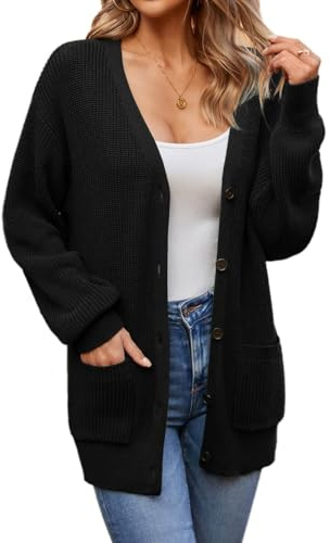 QUALFORT Women’s 100% Cotton Knit Cardigan Sweater – Oversized Fit, Button-Down Open Front, with Pockets Black Medium