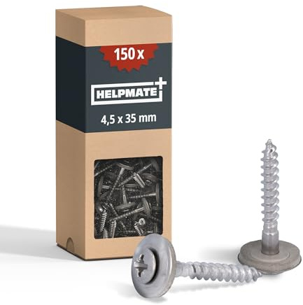 HELPMATE dispenserskruvar 4,5 x 35 mm, 150 stycken, DIN 7995, rostfritt stål A2, PZ2, DIN 7995, takskruvar, linshuvud, med tallriksskiva och EPDM-Di, silver, 4,5 x 35 mm