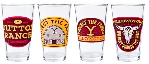 Silver Buffalo Yellowstone Dutton Ranch and Protect the Family 4 Pack Pint Glass Set,16 Ounces