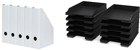 Landre Stehsammler A4, aus stabilem Karton, 7cm breit, weiss, 5 Stück & Dokumentenablagen Schwarz A4 - Stapelbarer Schreibtisch-Organisator