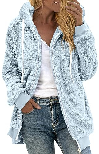 Ceboyel Teddy Coat For Women Hooded Fuzzy Sherpa Jacket Fleece Drawstring Zip Up Hoodie 2023 Trendy Winter Outerwear Clotheswinter Wool Coats For Women 2023 Light Blue Xl