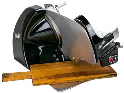 Berkel Trancheuse Home Line 250 en noir – Machine à découper de qualité supérieure avec planche d'insertion en bois fabriquée à la main sur mesure et belle planche de service, HL250-B-FHB-FSERV