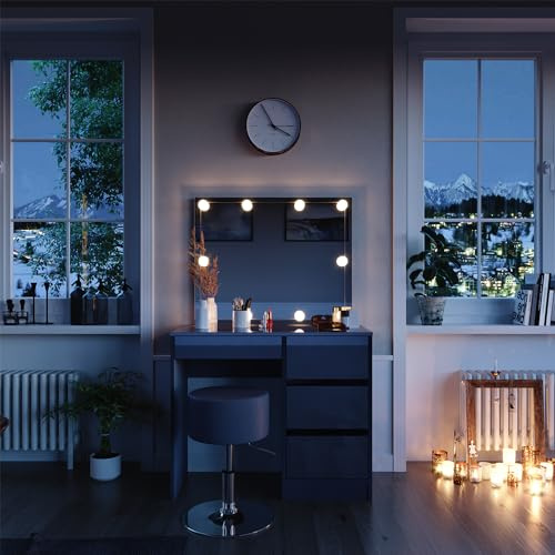 Vicco Schminktisch mit LED Beleuchtung und Hocker Anthrazit Hochglanz Sherry 90x75x40 cm - Frisiertisch, 4 Schubladen für unterschiedliche Aufbewahrungsbedürfnisse