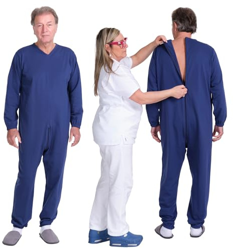 Grenouillere Adulte Hiver, Pyjama Integral Fermeture au Dos, 100% Coton (9078F) Anti Deshabillage Alzheimer, Demence, Incontinence (FR/ES, Alpha/lettres, M, Taille normale, Taille normale, Bleu)