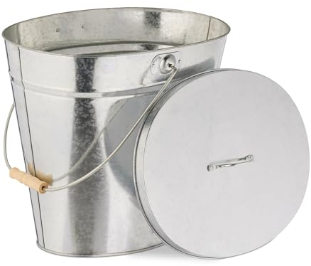 Relaxdays Seau avec Couvercle, 22 L, poignée en Bois, pour Charbon & Cendres, cheminée, poêle, Acier galvanisé, argenté