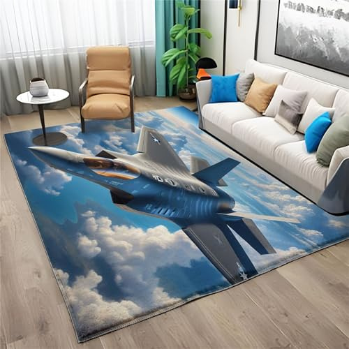Teppich Supersoft Kurzflor - Teppich Modernes Militärisches Kampfjet Muster Waschbar Für Wohnzimmer Schlafzimmer Sofa Dekorativer Jugendzimmer Badezimmer Aus Polyester Fußmatte Blau 80 X 150 cm