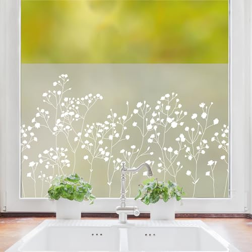 Sichtschutzfolie Gypsophila Schleierkraut Florale Fensterfolie Fensterdeko Milchglasfolie Wiederverwendbar, 55 cm hoch, 100 cm breit