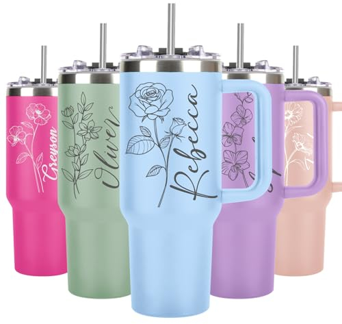 SECOGM Thermobecher Personalisiert mit Text-Personalisierter Kaffeebecher mit Strohhalm und Deckel-Edelstahl Reise Kaffeebecher 40 Oz-Papa Geschenk für Vatertag Männer Frauen (Birth Flower)