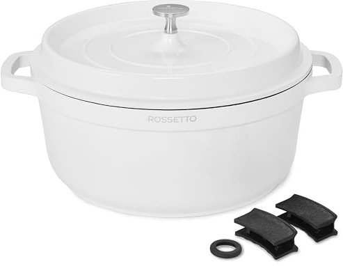 ROSSETTO 6,6L Cocotte ronde en fonte d’aluminium, revêtement antiadhérent en céramique. Couvercle avec picots saveurs. Compatible tous feux dont induction et au four jusqu’à 220° (28cm, Blanc)