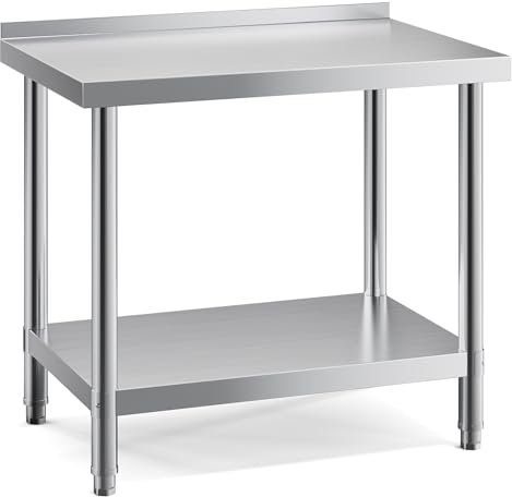 FIDOOVIVIA 90 x 60 x 80cm Stainless Food Prep Table, Kitchen Catering Table with 3.5cm Backsplash & Double Layer, 150kg Load Capacity Heavy Duty Commercial Work Table for Restaurant Kitchen Bar Garage
