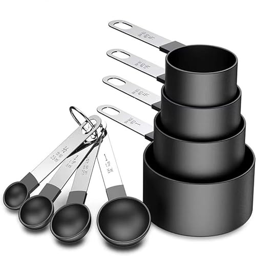 Lot de 8 cuillères à mesurer empilables avec poignée en acier inoxydable, cuillère à soupe précise pour mesurer les ingrédients, gadgets de cuisine (noir)