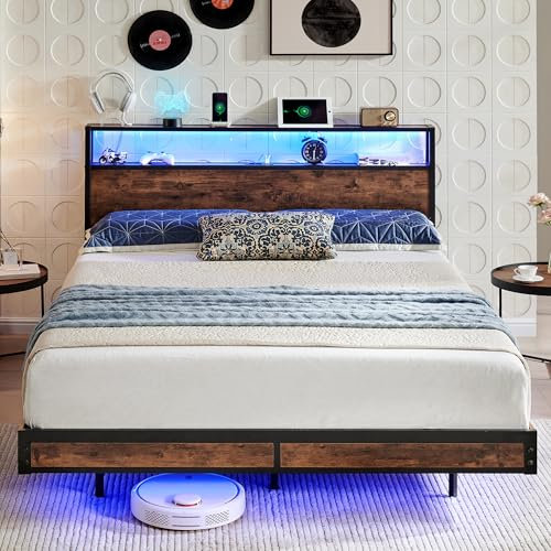 BedsPick Queen Size Bed Frame with 2-Tier Storage Headboard, Sturdy Metal Platform Bed Frame with Charging Station & LED Lights, Noise-Free/Metal Support/No Box Spring Needed, Rustic Brown