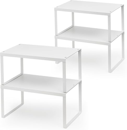 Regaleinsatz, 4er Set Metall Küchenschrank Organizer, Erweiterbar küchen Regal, Stapelbar Gewürzregal mit Anti-Rutsch Matte,Küche Schrankeinsatz für Schrank, Regaleinsatz, Arbeitsplatte, Weiß