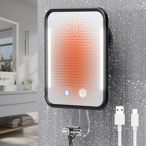 Gospire Heated Shower Mirror Fogless for Shaving with Light, 5000mAh Rechargeable Battery, Detachable Suction Cup and Razor Holder for Wall, NO-Drilling, Removable, Waterproof for Bathroom - Black