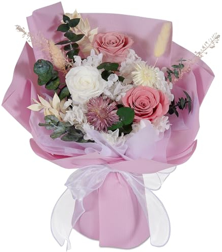 Lovionus89 Rosen-Konservierter Blumenstrauß, Handgefertigte Langlebige Blumenarrangements, Premium Blumenlieferung für Valentinstag, Hochzeiten, Geburtstage, Jubiläen & Muttertag, Rosa mit Weiß